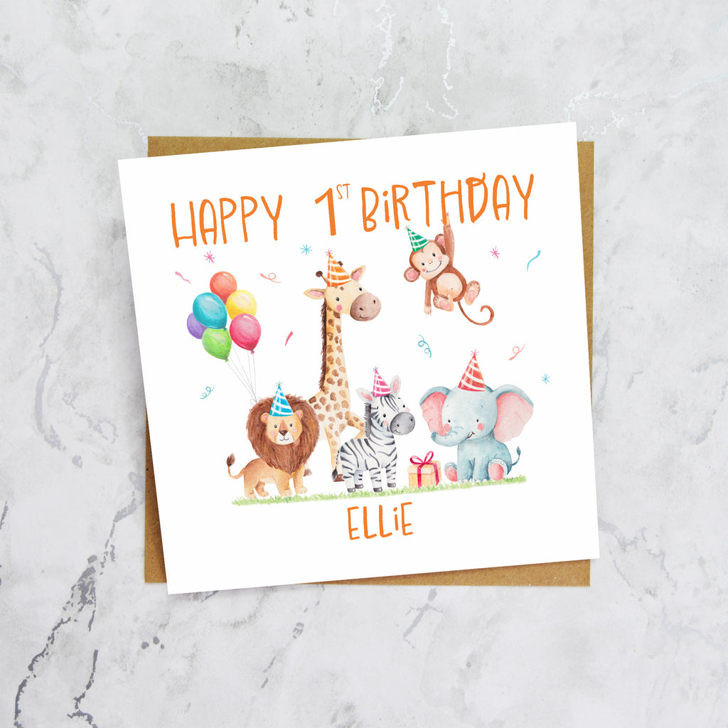 Personalised 1st Birthday Card For Girl Or Boy, Custom Name Safari Animal Birthday Card, Jungle Animals First Birthday (P00069) - Default Title (P00069)