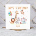 Personalised 5th Birthday Card For Girl Or Boy, Custom Name Safari Animal Birthday Card, Jungle Animals Fifth Birthday (P00073) - Default Title (P00073)