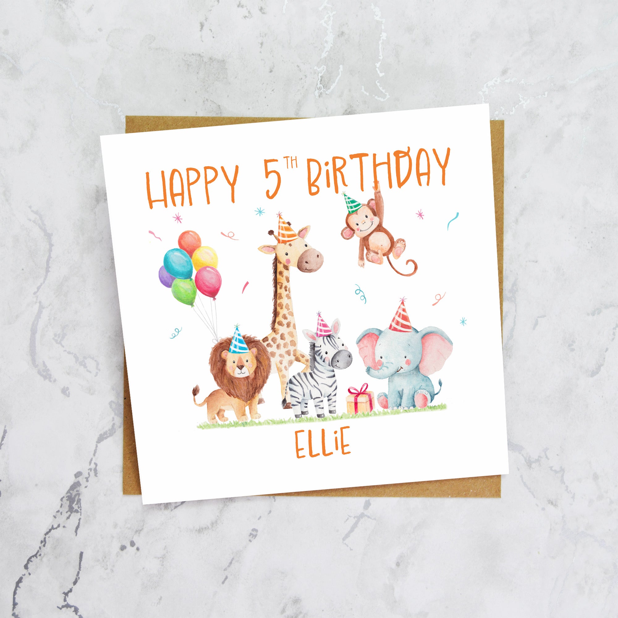 Personalised 5th Birthday Card For Girl Or Boy, Custom Name Safari Animal Birthday Card, Jungle Animals Fifth Birthday (P00073) - Default Title (P00073)