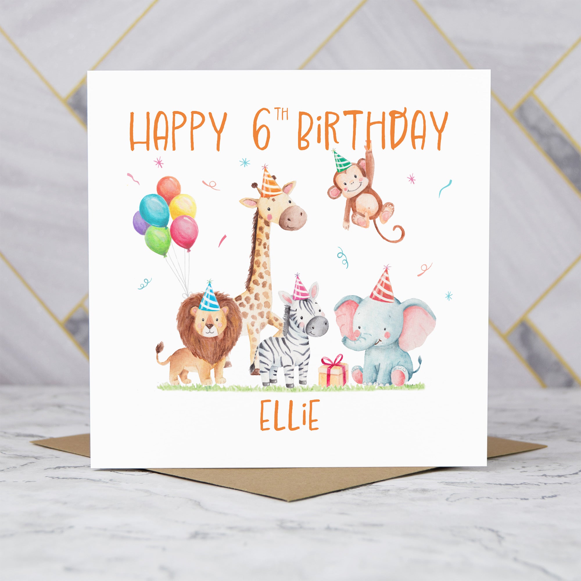 Personalised 6th Birthday Card For Girl Or Boy, Custom Name Safari Animal Birthday Card, Jungle Animals Sixth Birthday (P00074) - Default Title (P00074)