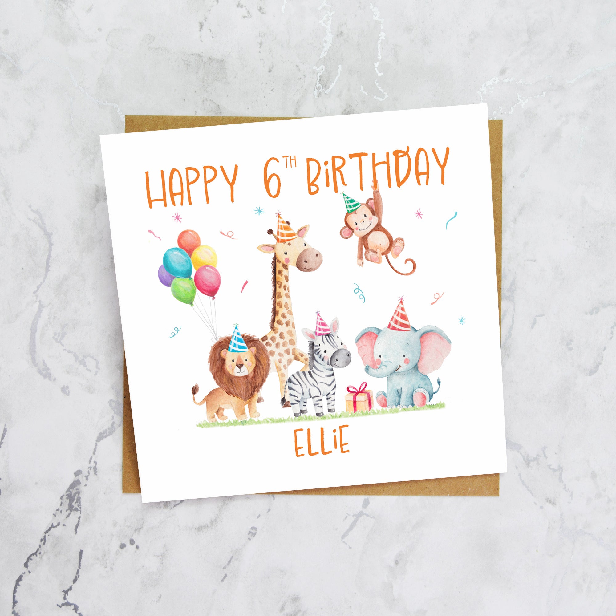 Personalised 6th Birthday Card For Girl Or Boy, Custom Name Safari Animal Birthday Card, Jungle Animals Sixth Birthday (P00074) - Default Title (P00074)