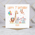 Personalised 7th Birthday Card For Girl Or Boy, Custom Name Safari Animal Birthday Card, Jungle Animals Seventh Birthday (P00075) - Default Title (P00075)