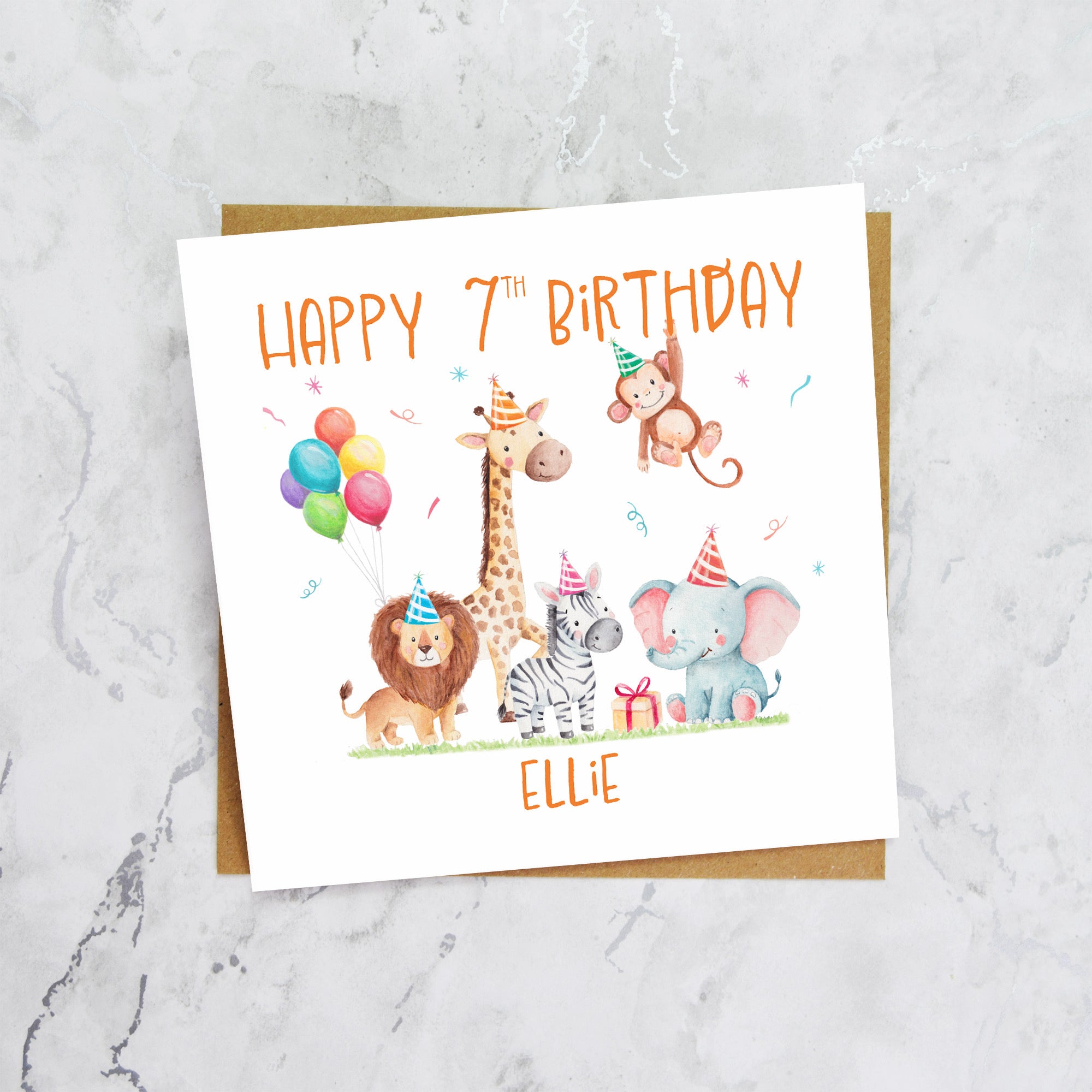 Personalised 7th Birthday Card For Girl Or Boy, Custom Name Safari Animal Birthday Card, Jungle Animals Seventh Birthday (P00075) - Default Title (P00075)