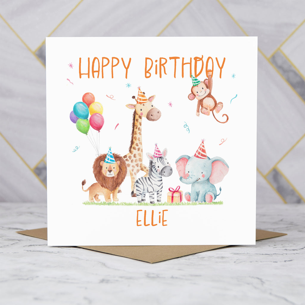 Personalised Safari Animal Birthday Card For Girls Or Boys, Custom Name Jungle Animals Card, Cute Safari Birthday Card (P00076) - Default Title (P00076)