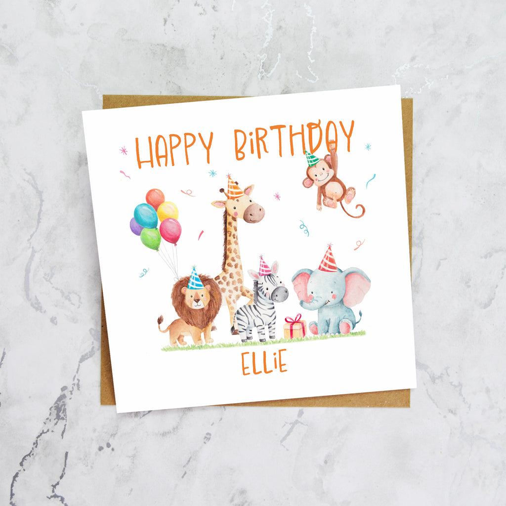 Personalised Safari Animal Birthday Card For Girls Or Boys, Custom Name Jungle Animals Card, Cute Safari Birthday Card (P00076) - Default Title (P00076)