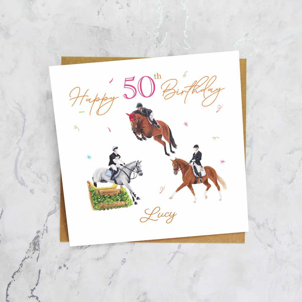 Personalised 50th Birthday Card For Horse Lover, Custom Name Eventing Card, Horse Trials Card For Equestrian Rider (P00083) - Default Title (P00083)