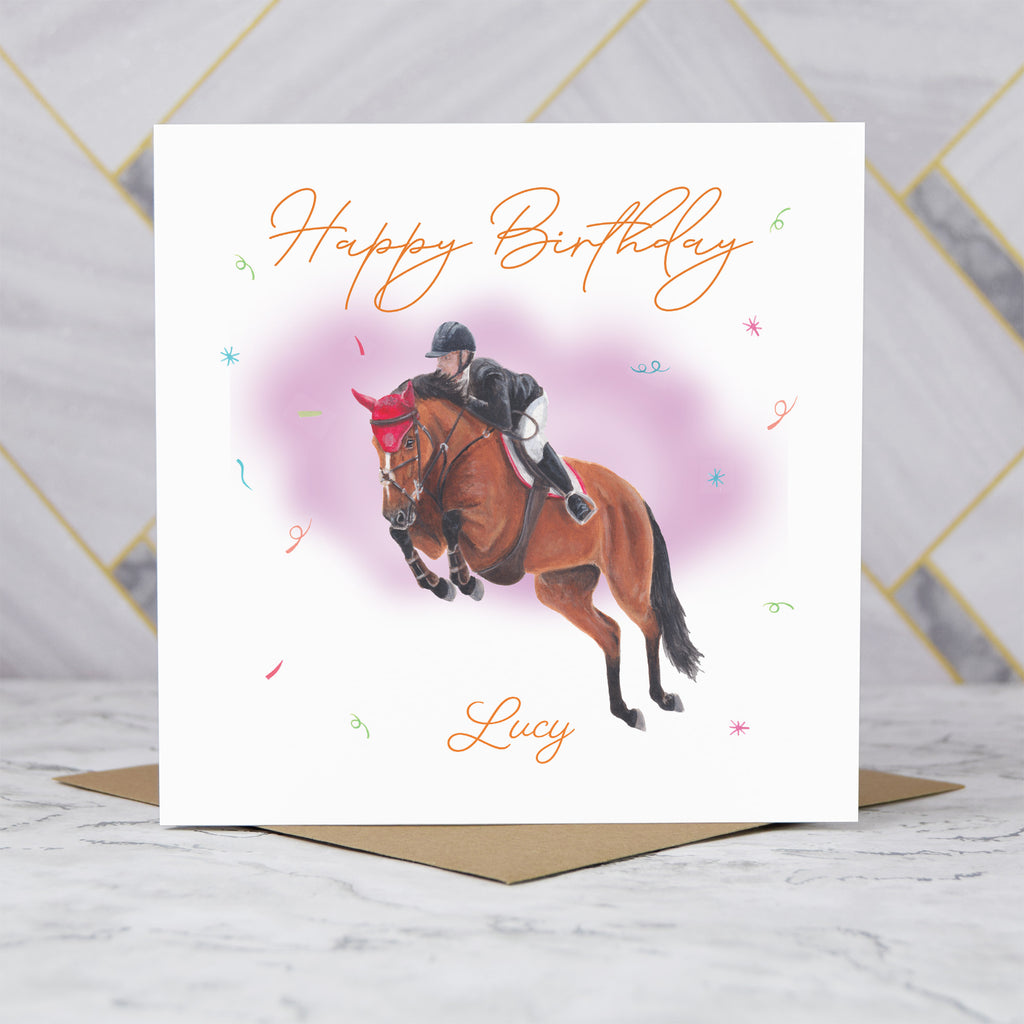 Personalised Show Jumping Horse Birthday Card, Custom Name Equestrian Card, SJ Horse Rider Greeting Card (P00128) - Default Title (P00128)