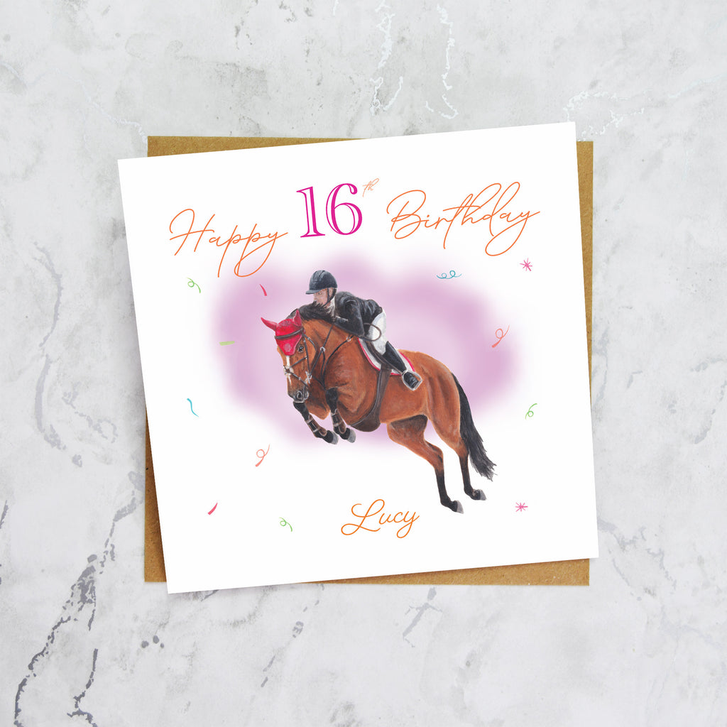 Personalised 16th Birthday Card For Horse Lover, Custom Name Show Jumping Horse Card, Equestrian SJ Rider Card (P00130) - Default Title (P00130)