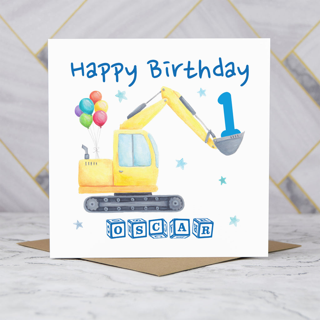Personalised Digger Birthday Card, Personalised 1st Birthday Card, Digger Age Card, Excavator Birthday Card, Name Birthday Card (P00274) - Default Title (P00274)