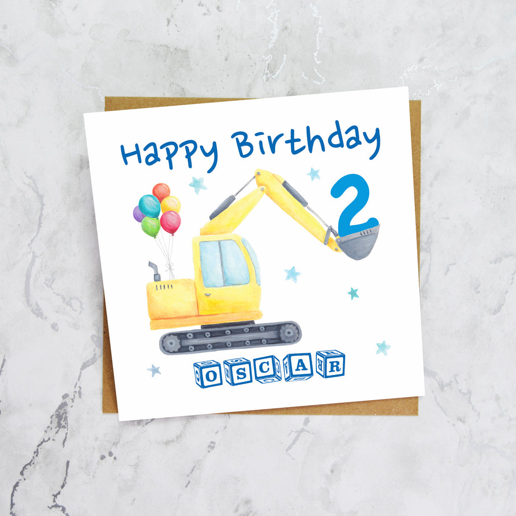 Personalised Digger Birthday Card, Personalised 2nd Birthday Card, Digger Age Card, Excavator Birthday Card, Name Birthday Card (P00275) - Default Title (P00275)