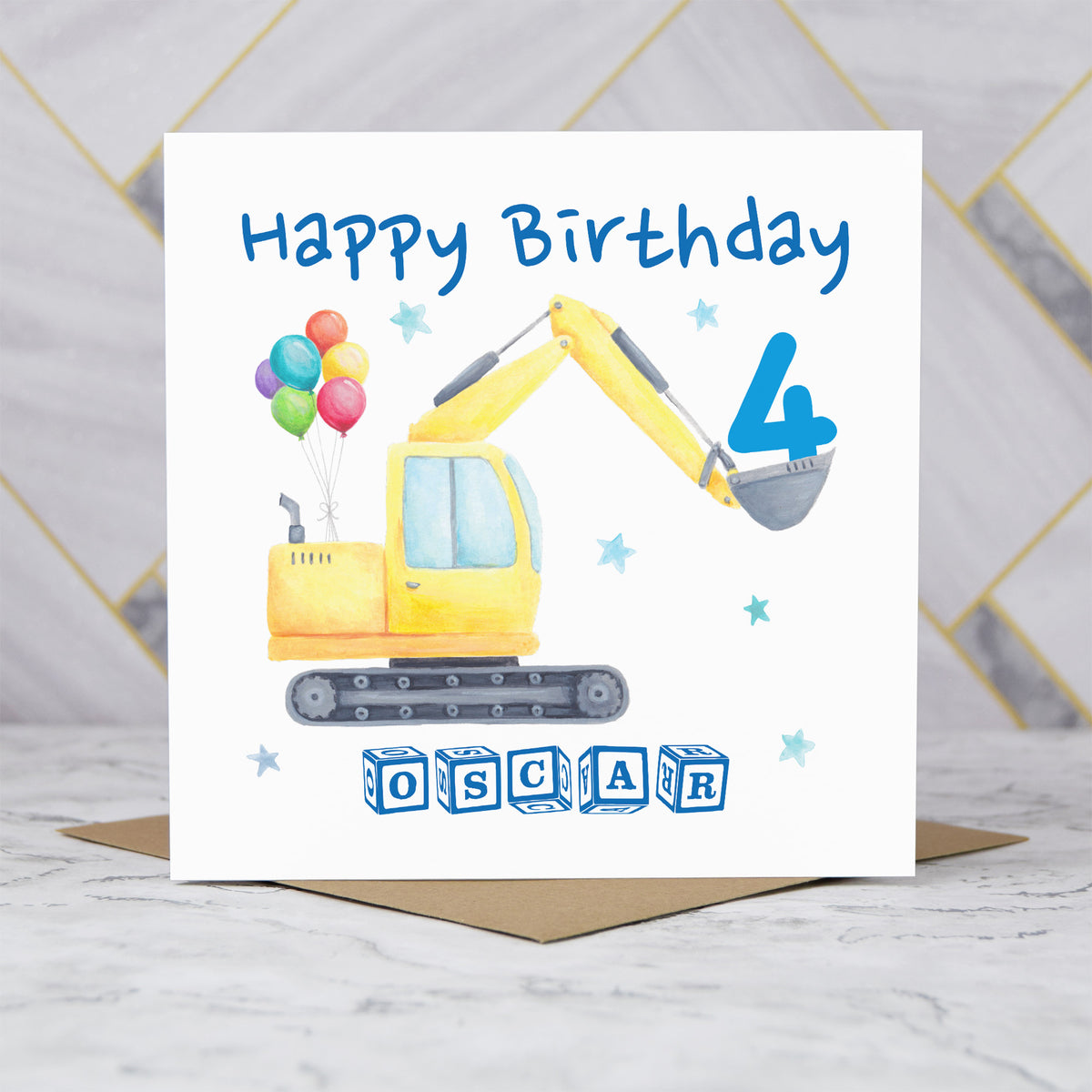 Personalised Digger Birthday Card, Personalised 4th Birthday Card, Digger Age Card, Excavator Birthday Card, Name Birthday Card (P00277) - Default Title (P00277)