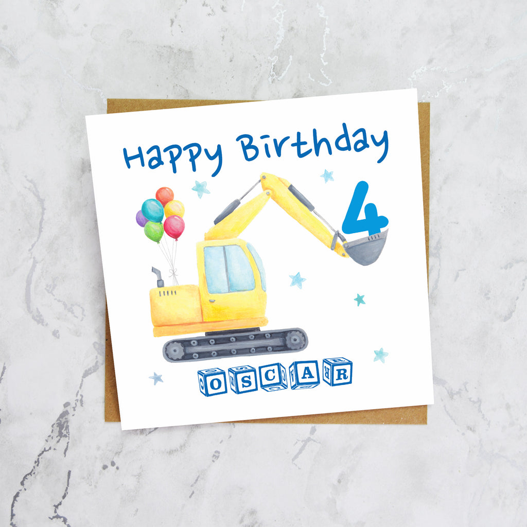 Personalised Digger Birthday Card, Personalised 4th Birthday Card, Digger Age Card, Excavator Birthday Card, Name Birthday Card (P00277) - Default Title (P00277)