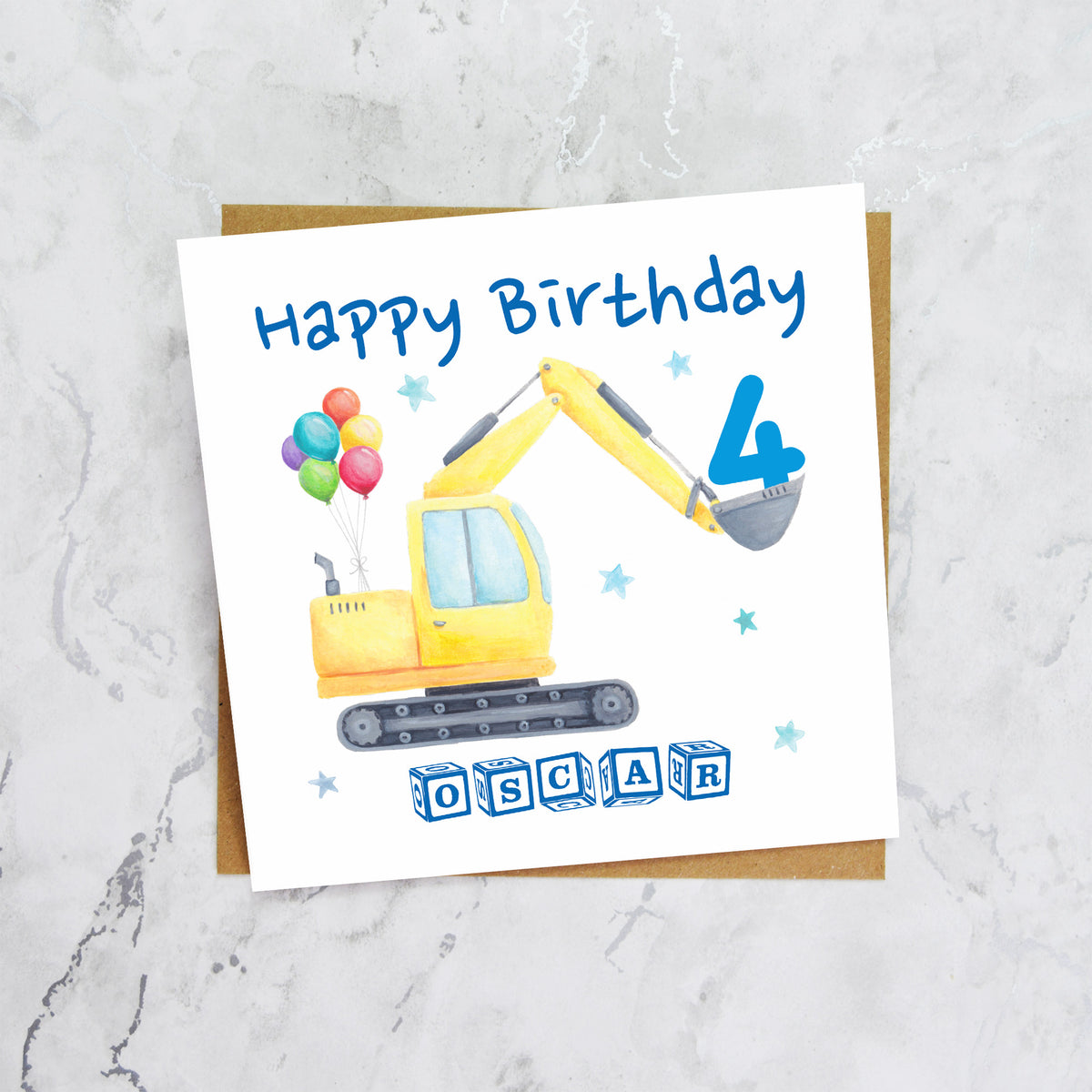 Personalised Digger Birthday Card, Personalised 4th Birthday Card, Digger Age Card, Excavator Birthday Card, Name Birthday Card (P00277) - Default Title (P00277)