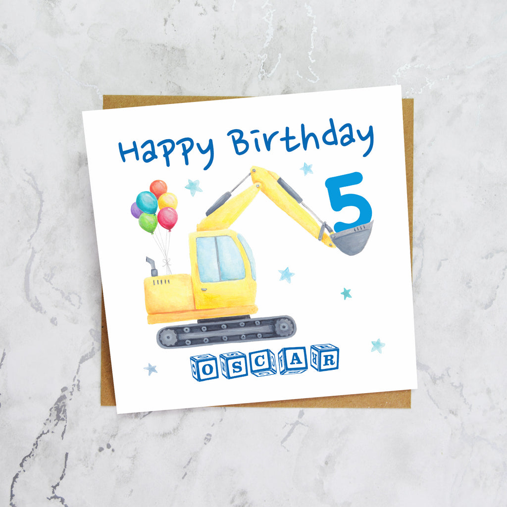 Personalised Digger Birthday Card, Personalised 5th Birthday Card, Digger Age Card, Excavator Birthday Card, Name Birthday Card (P00278) - Default Title (P00278)
