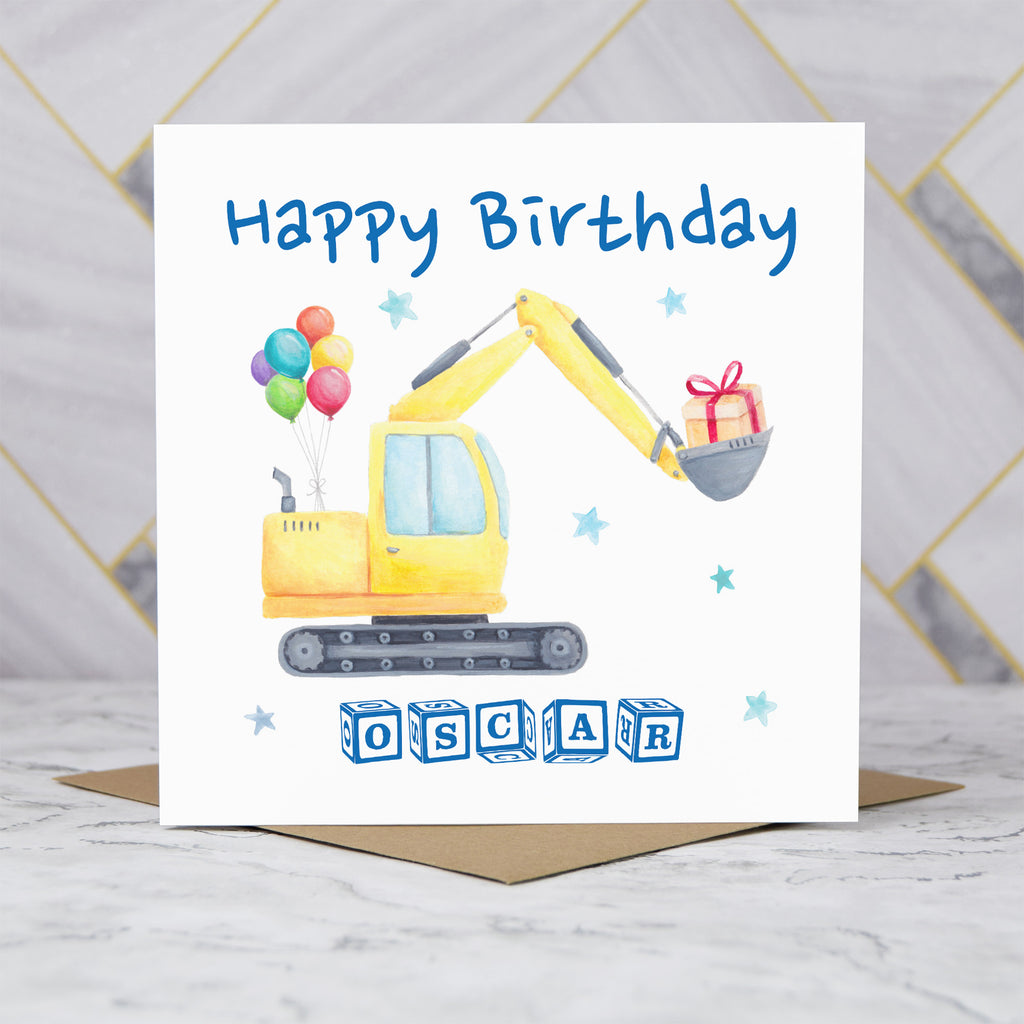 Personalised Digger Birthday Card, Custom Name Card for Kids, Excavator Construction Birthday Card, Digger Lover Gift for Boys (P00281) - Default Title (P00281)