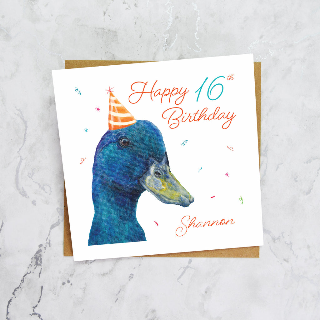 Personalised 16th Birthday Duck Card, Custom Name Birthday Card, Duck Lover Card, 16th Birthday Card, Cute Animal Card (P00295) - Default Title (P00295)