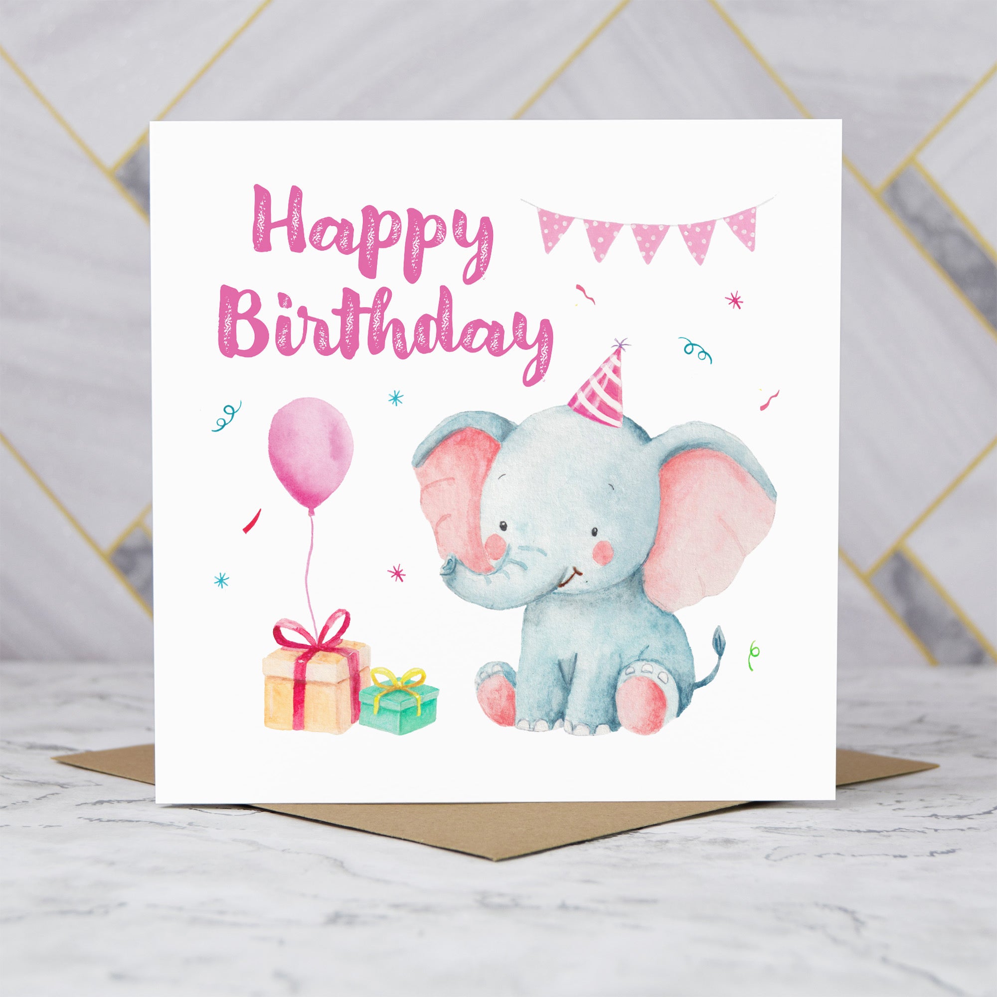 Cute Elephant Birthday Card, Children’s Happy Birthday Card, Kids Animal Birthday, Girl Birthday Card, Baby And Toddler Card (S00001) - Blank Inside - Sent To You (S00001)
