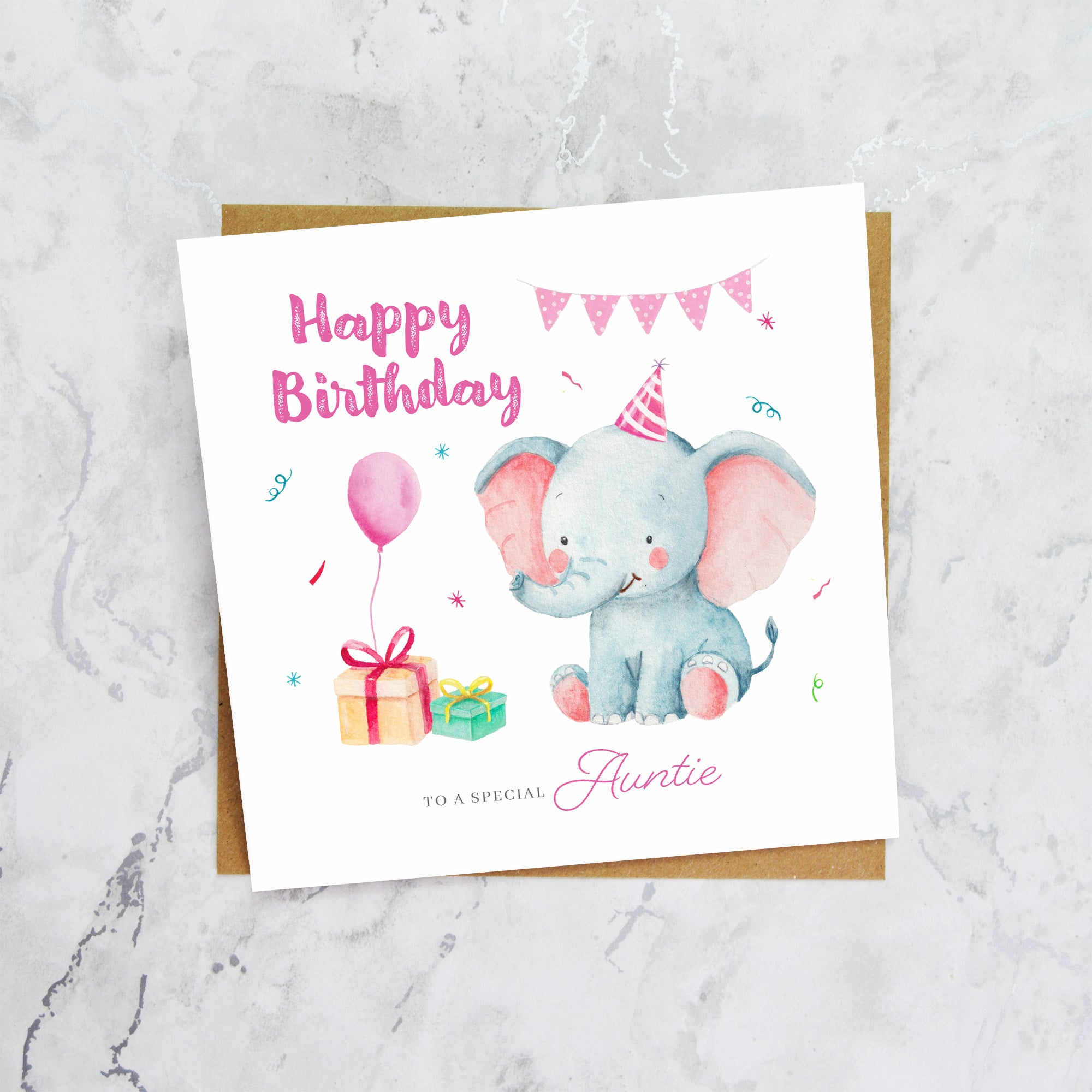 Auntie Birthday Card, Cute Elephant Birthday Card, To A Special Auntie, Kids Animal Birthday, Niece Nephew Card (S00002) - Blank Inside - Sent To You (S00002)