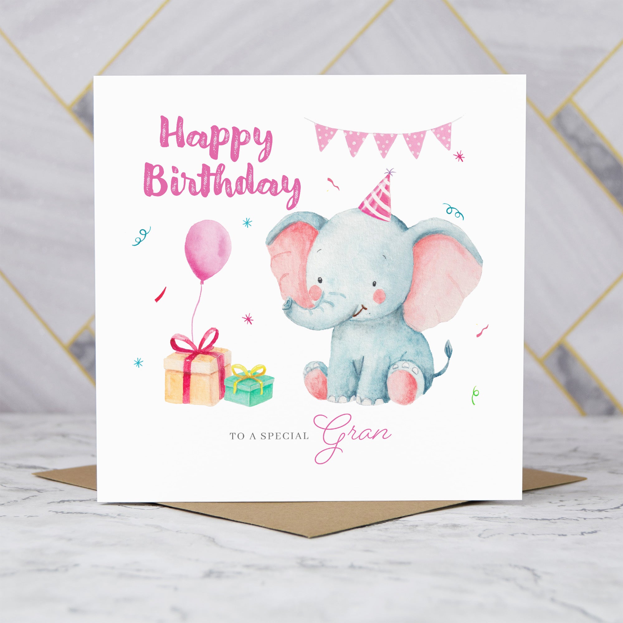 Gran Birthday Card, Cute Elephant Birthday Card, To A Special Gran, Kids Animal Birthday, Granddaughter Grandson Card (S00006) - Blank Inside - Sent To You (S00006)