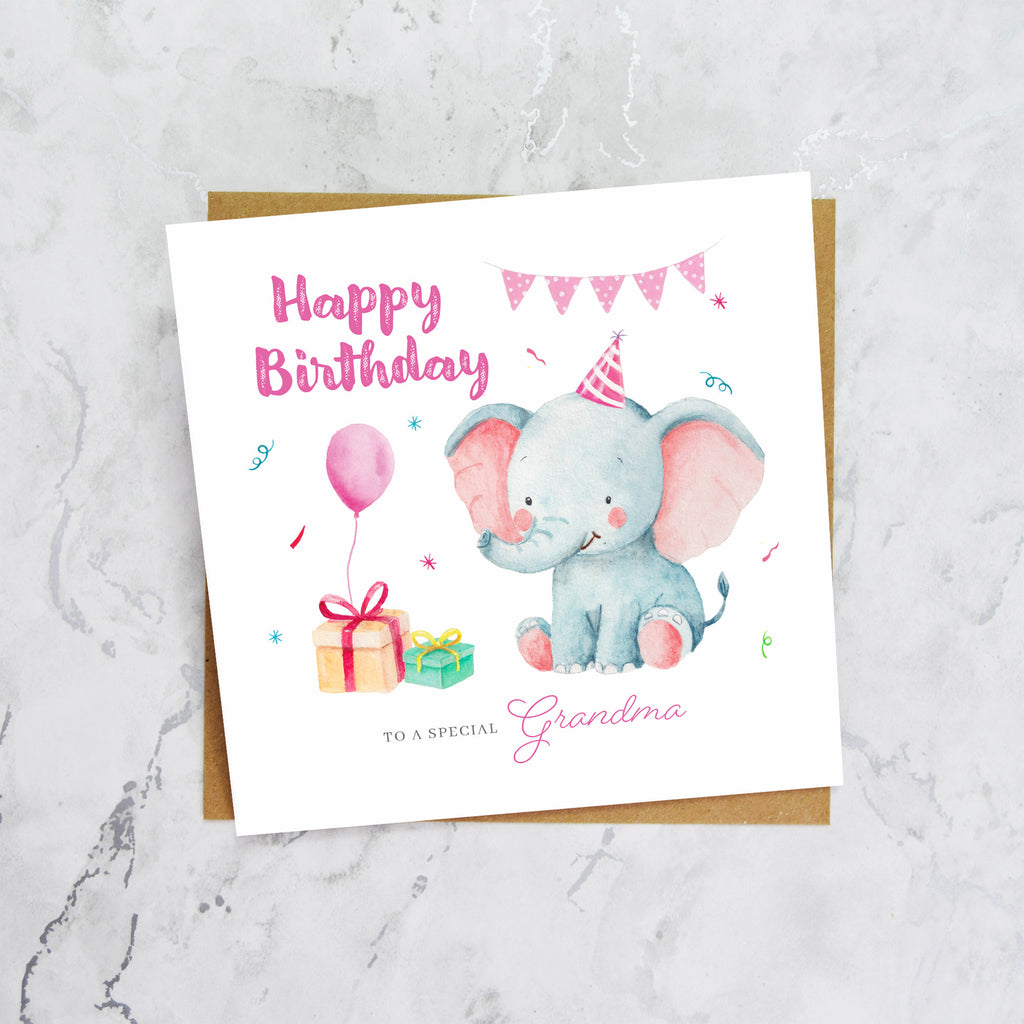 Grandma Birthday Card, Cute Elephant Birthday Card, To A Special Grandma, Kids Animal Birthday, Granddaughter Grandson Card (S00008) - Blank Inside - Sent To You (S00008)