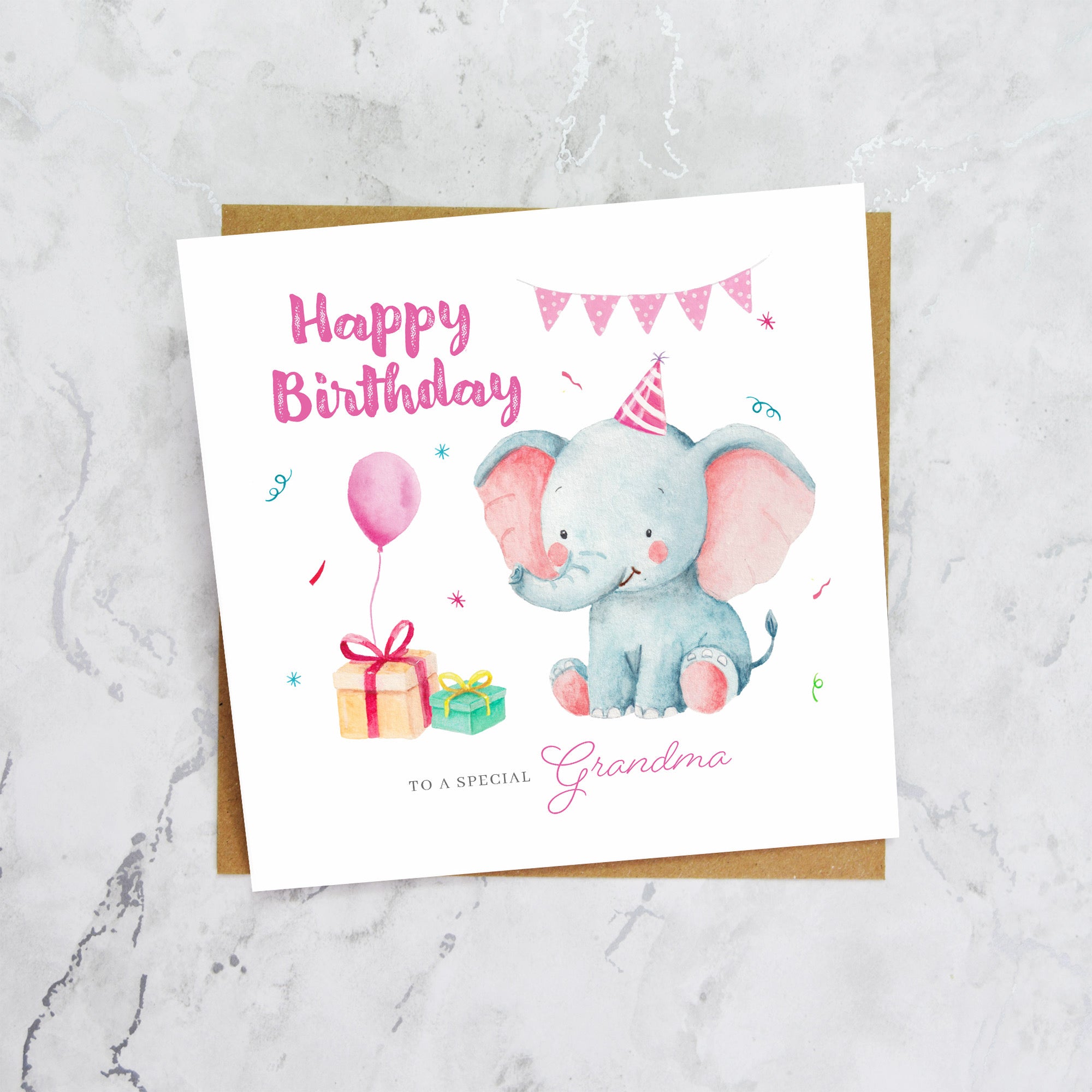 Grandma Birthday Card, Cute Elephant Birthday Card, To A Special Grandma, Kids Animal Birthday, Granddaughter Grandson Card (S00008) - Blank Inside - Sent To You (S00008)