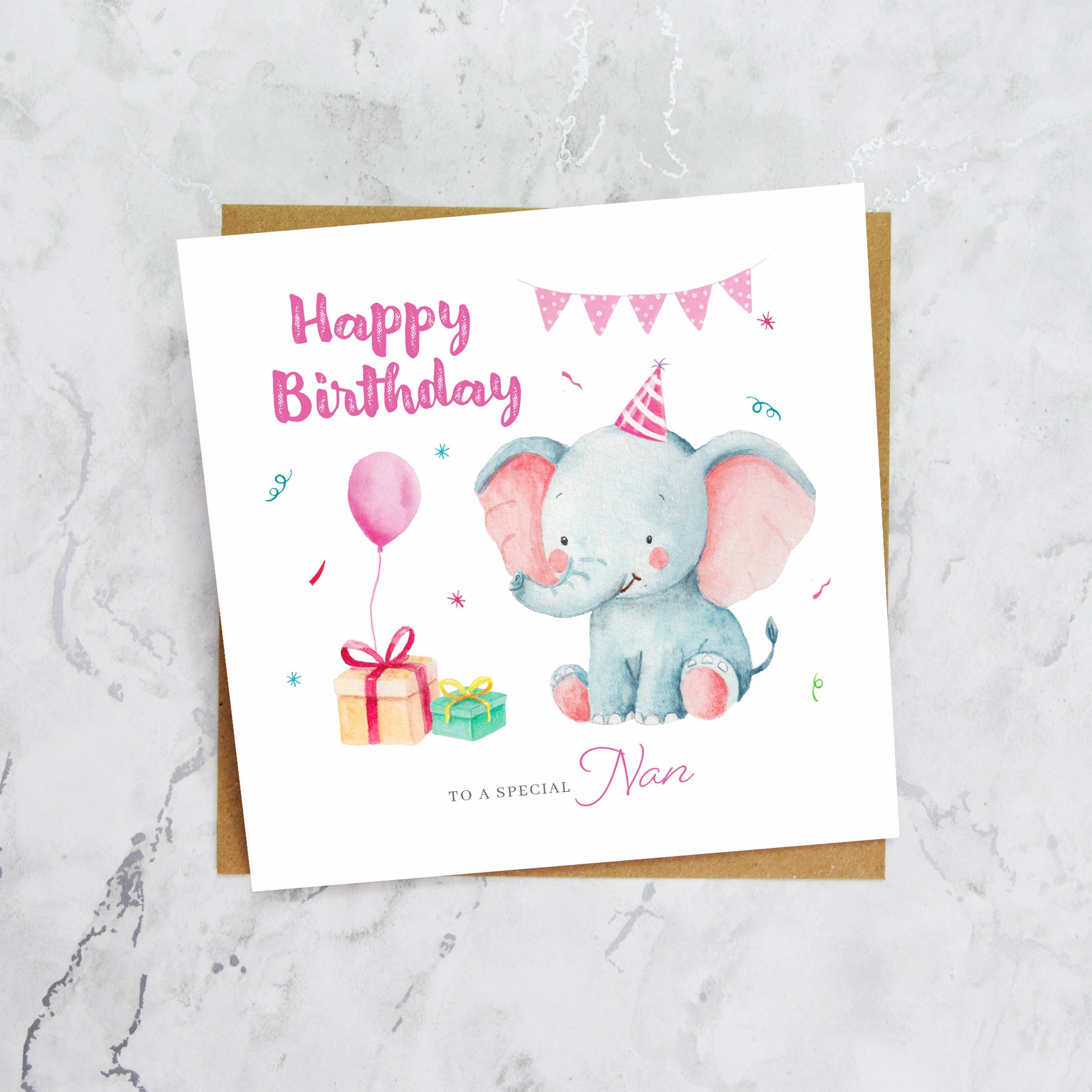 Nan Birthday Card, Cute Elephant Birthday Card, To A Special Nan, Kids Animal Birthday, Granddaughter Grandson Card (S00011) - Blank Inside - Sent To You (S00011)