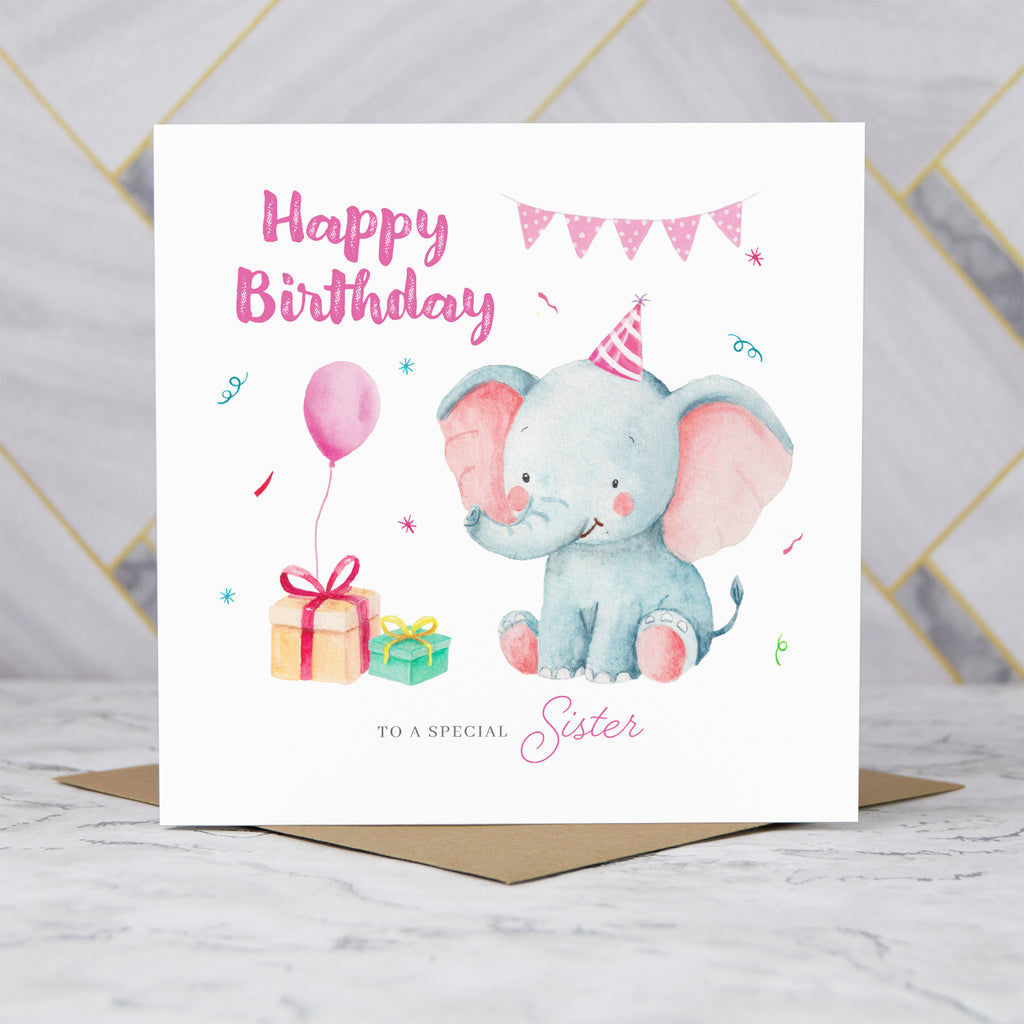 Sister Birthday Card, Cute Elephant Birthday Card, To A Special Sister, Kids Animal Birthday, Sister Brother Card (S00013) - Blank Inside - Sent To You (S00013)
