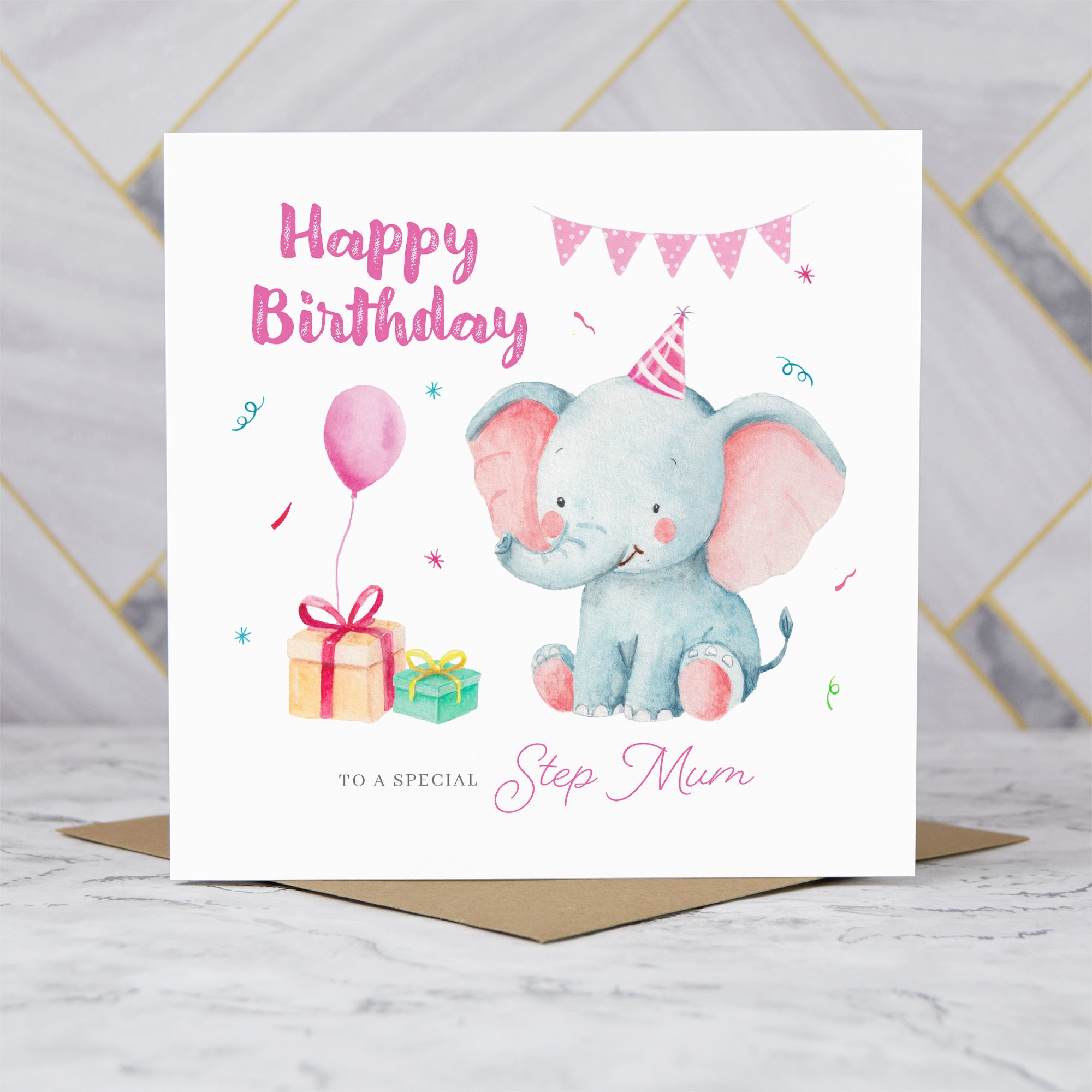 Step Mum Birthday Card, Cute Elephant Birthday Card, To A Special Step Mum, Kids Animal Birthday, Daughter Son Card (S00014) - Blank Inside - Sent To You (S00014)