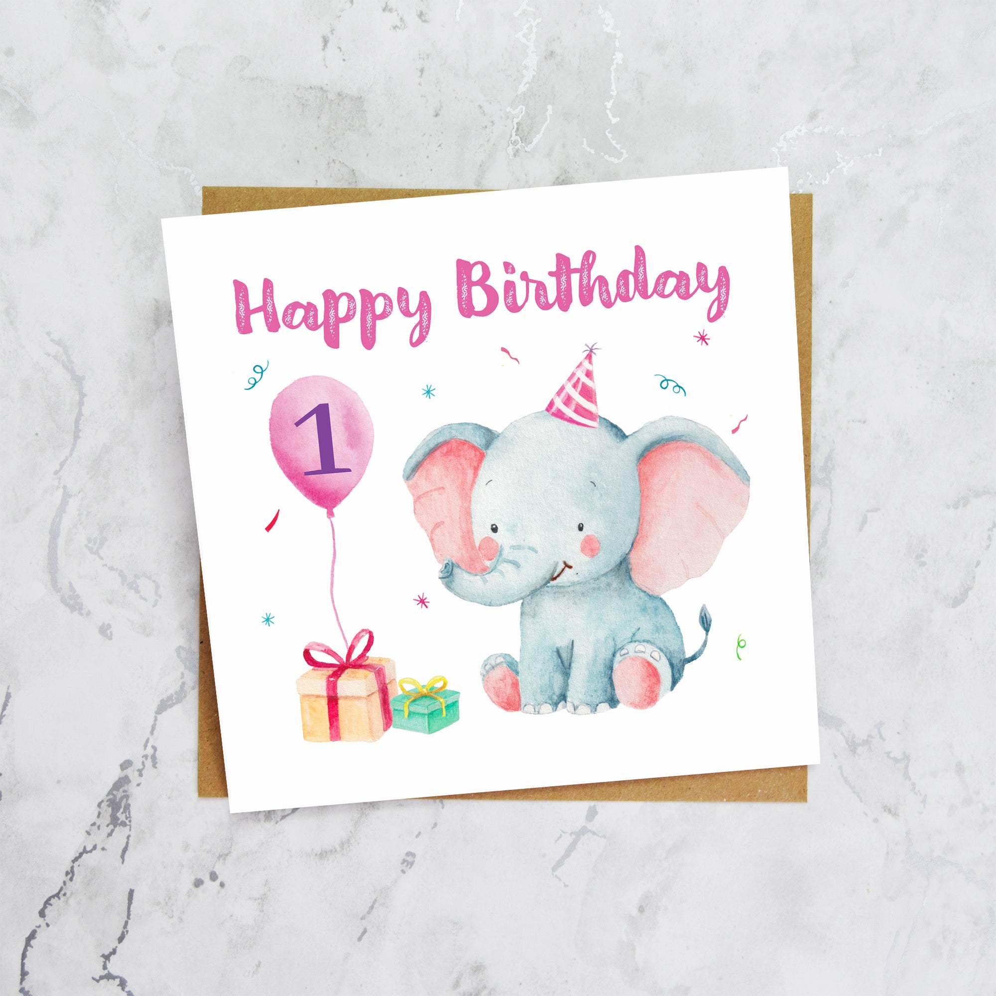 1st Birthday Card, Cute Elephant Birthday Card, First Birthday Girl, Baby Birthday Card, Toddler Birthday, Pink Animal Card (S00015) - Blank Inside - Sent To You (S00015)