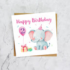2nd Birthday Card, Cute Elephant Birthday Card, Second Birthday Girl, Baby Birthday Card, Toddler Birthday, Pink Animal Card (S00016) - Blank Inside - Sent To You (S00016)