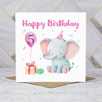 5th Birthday Card, Cute Elephant Birthday Card, Fifth Birthday Girl, Baby Birthday Card, Toddler Birthday, Pink Animal Card (S00019) - Blank Inside - Sent To You (S00019)