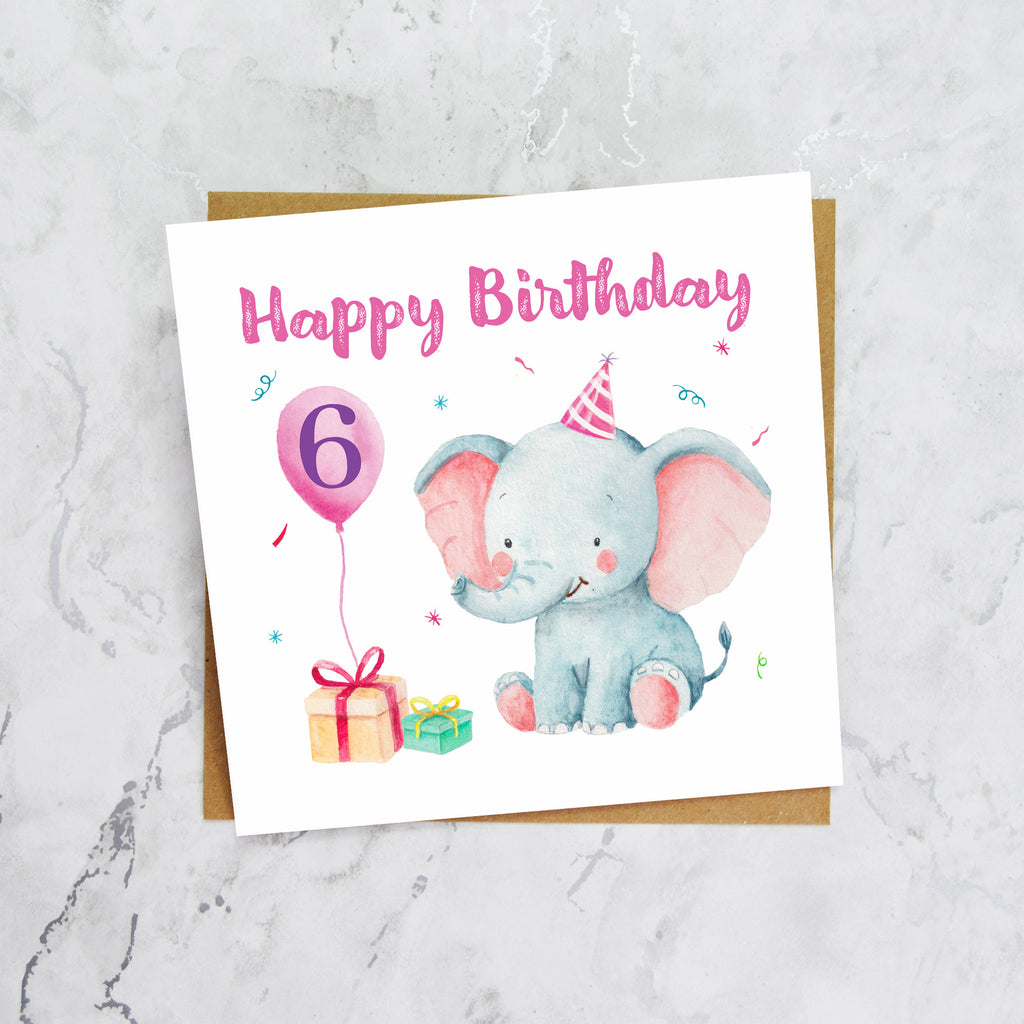 6th Birthday Card, Cute Elephant Birthday Card, Sixth Birthday Girl, Baby Birthday Card, Toddler Birthday, Pink Animal Card (S00020) - Blank Inside - Sent To You (S00020)