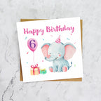 6th Birthday Card, Cute Elephant Birthday Card, Sixth Birthday Girl, Baby Birthday Card, Toddler Birthday, Pink Animal Card (S00020) - Blank Inside - Sent To You (S00020)