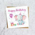 7th Birthday Card, Cute Elephant Birthday Card, Seventh Birthday Girl, Baby Birthday Card, Toddler Birthday, Pink Animal Card (S00021) - Blank Inside - Sent To You (S00021)