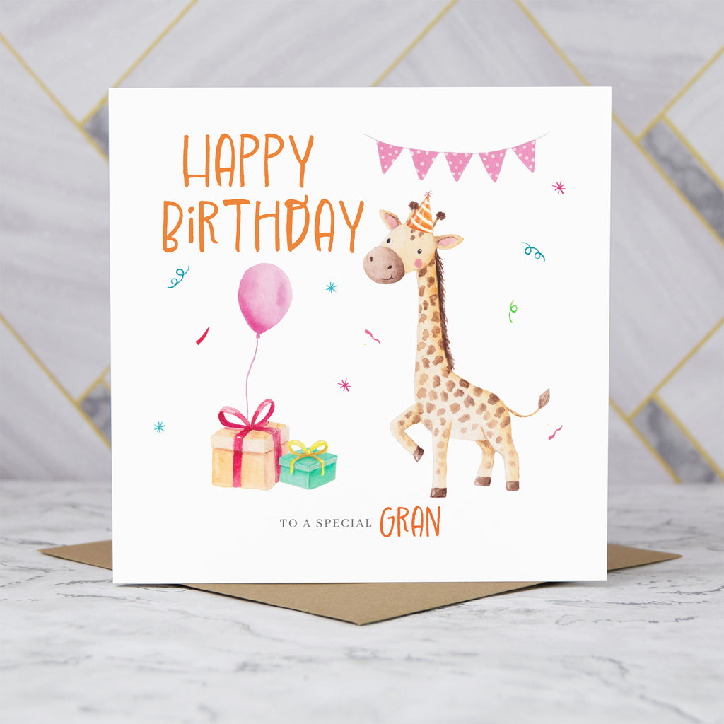Cute Giraffe Gran Birthday Card, Watercolour Animal Birthday Card For Gran, Girls Birthday Card (S00029) - Blank Inside - Sent To You (S00029)