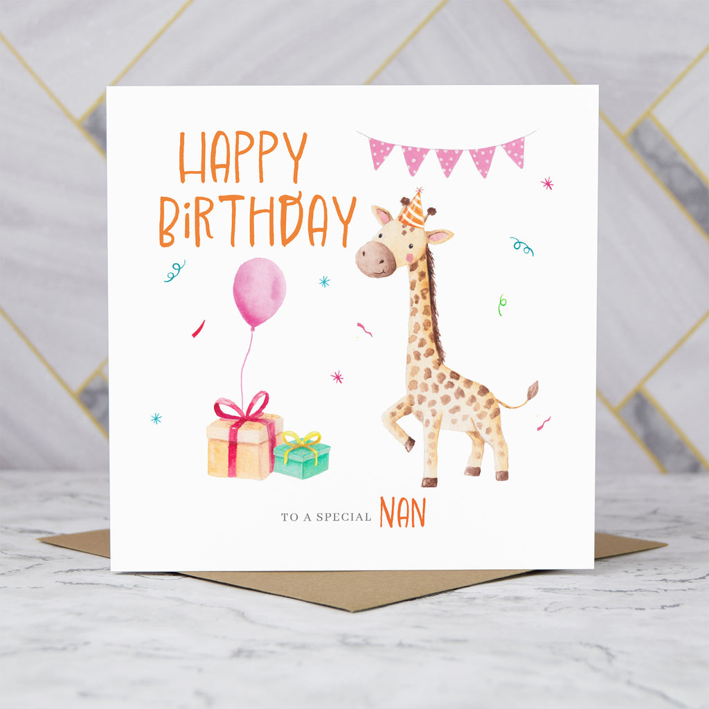 Cute Giraffe Nan Birthday Card, Watercolour Animal Birthday Card For Nan, Girls Birthday Card (S00031) - Blank Inside - Sent To You (S00031)