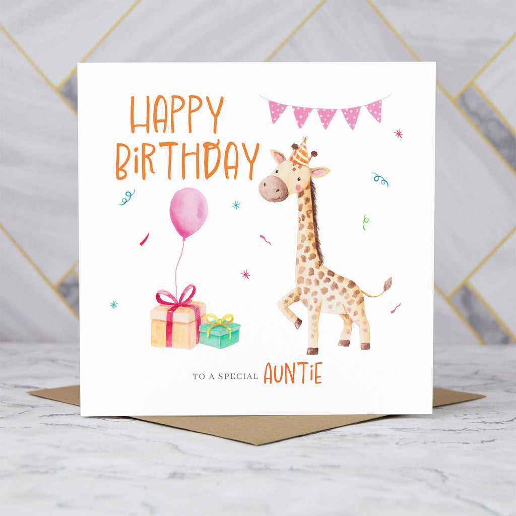 Cute Giraffe Auntie Birthday Card, Watercolour Animal Birthday Card For Auntie, Girls Birthday Card (S00032) - Blank Inside - Sent To You (S00032)