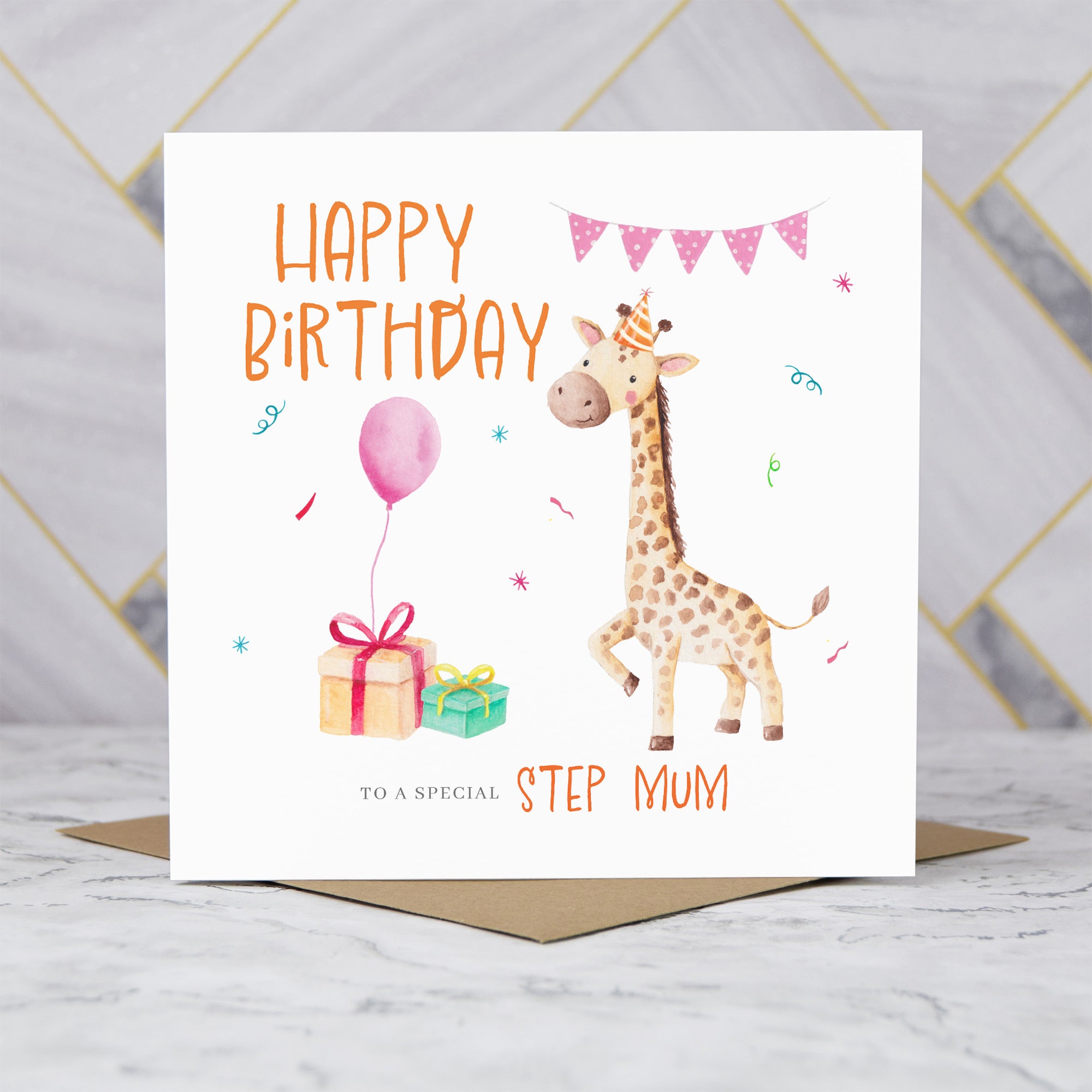 Cute Giraffe Step Mum Birthday Card, Watercolour Animal Birthday Card For Step Mum, Girls Birthday Card (S00034) - Blank Inside - Sent To You (S00034)