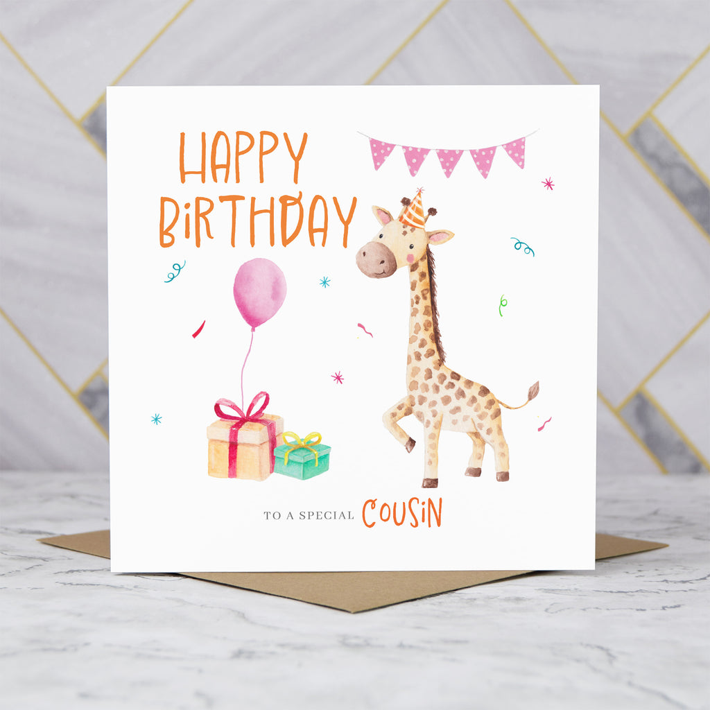 Cute Giraffe Cousin Birthday Card, Watercolour Animal Birthday Card For Cousin, Girls Birthday Card (S00035) - Blank Inside - Sent To You (S00035)