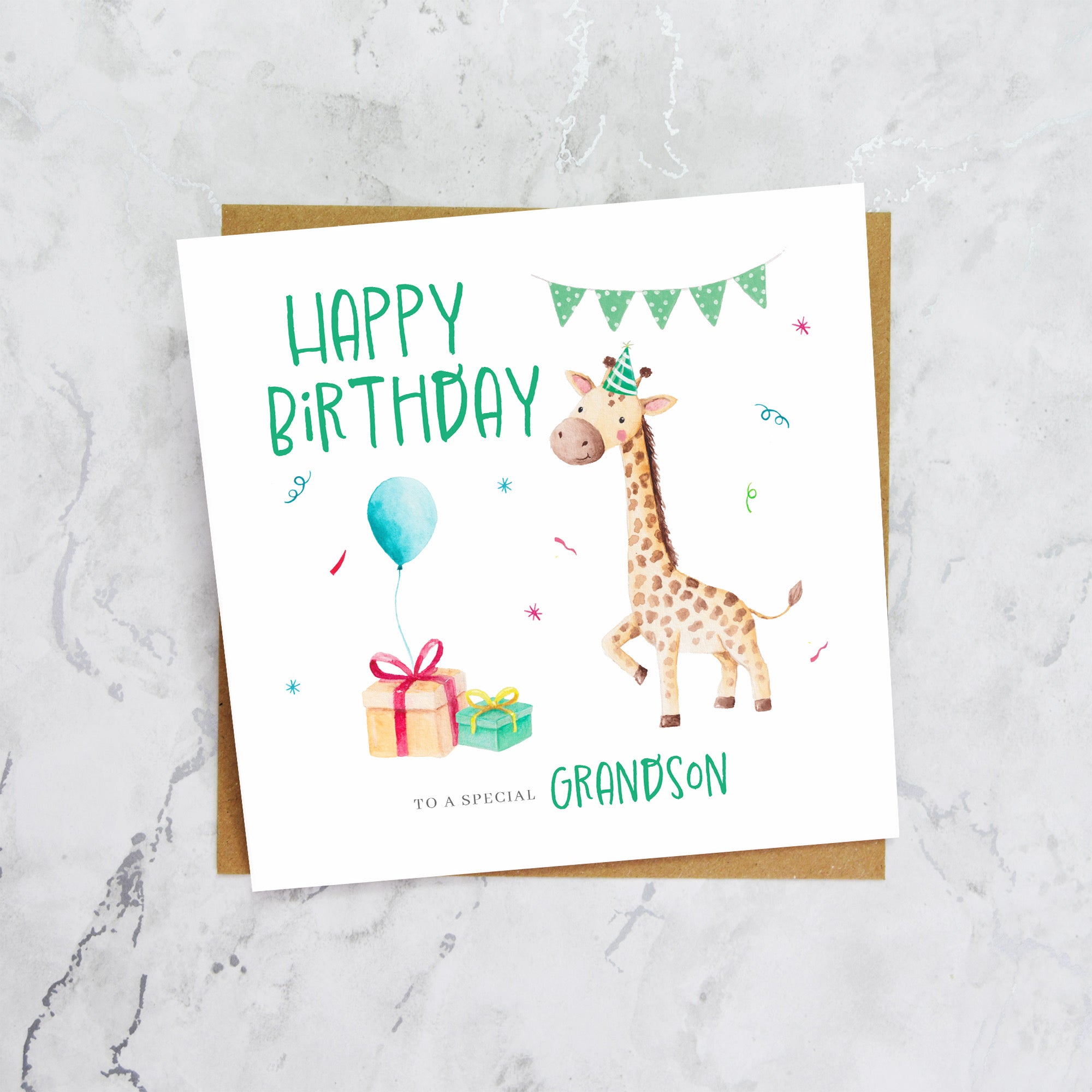 Cute Giraffe Birthday Card for Boys, Animal Birthday Card For Grandson, Watercolour Giraffe Happy Birthday Card (S00047) - Blank Inside - Sent To You (S00047)