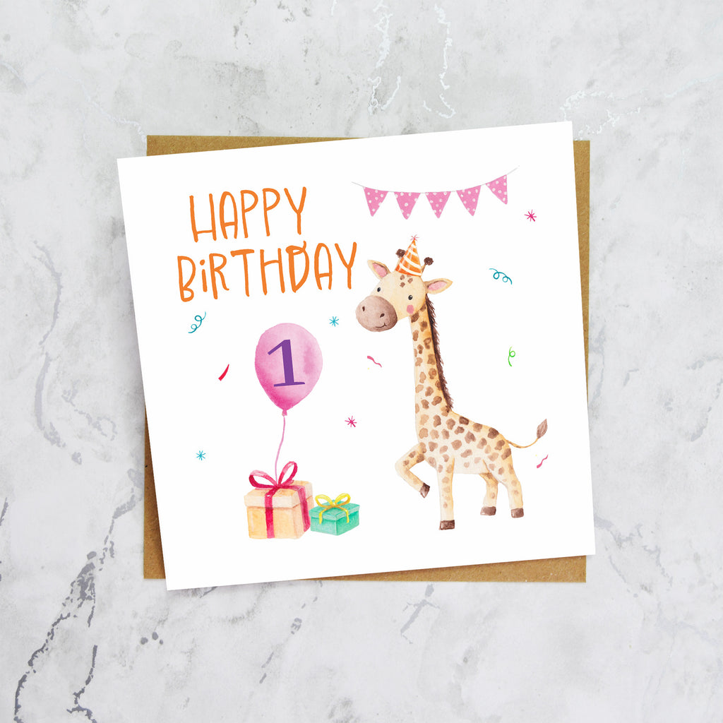 1st Birthday Giraffe Card for Girls, Cute Animal First Birthday Card, Watercolour Happy Birthday Card (S00049) - Blank Inside - Sent To You (S00049)