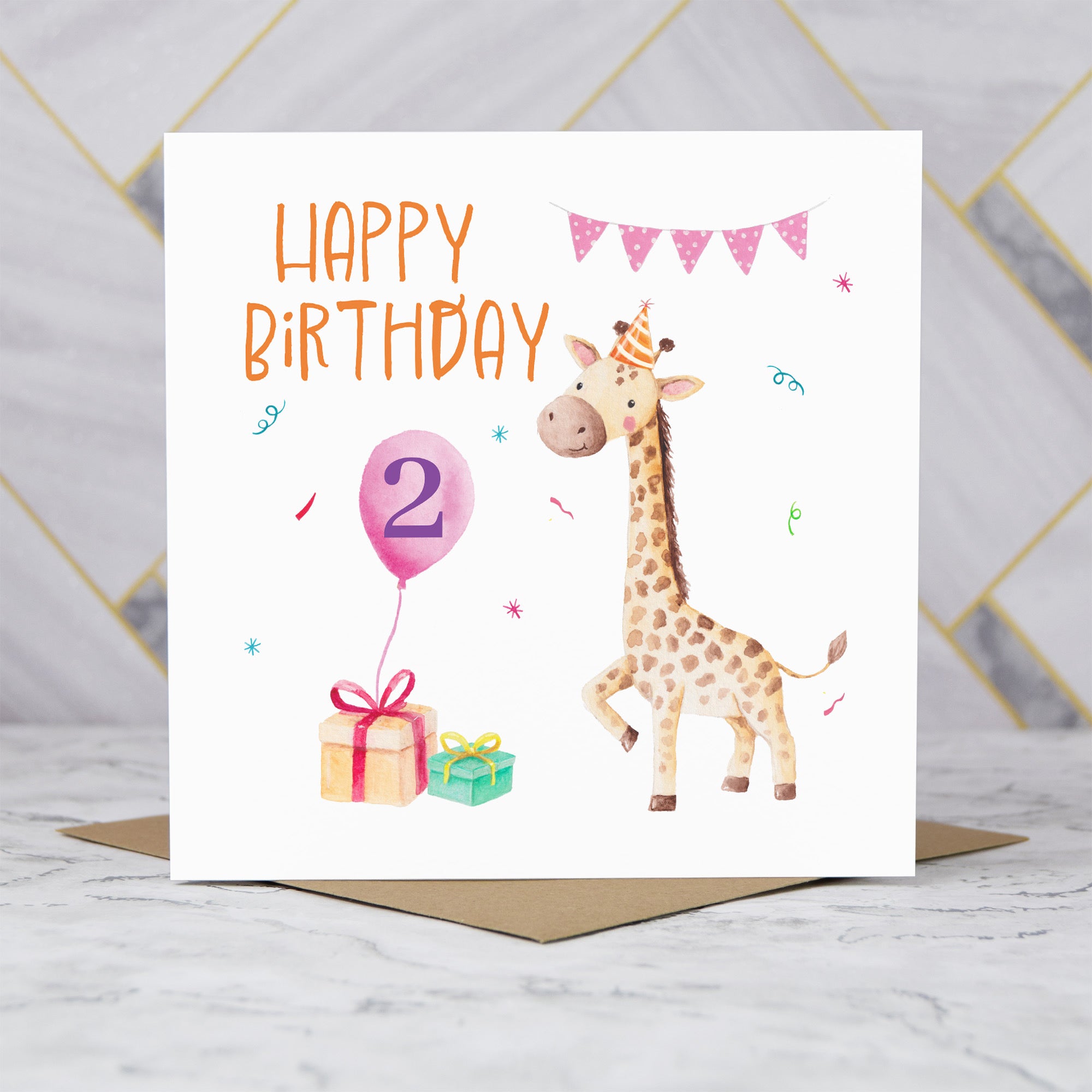 2nd Birthday Giraffe Card for Girls, Cute Animal Second Birthday Card, Watercolour Toddler Happy Birthday Card (S00050) - Blank Inside - Sent To You (S00050)