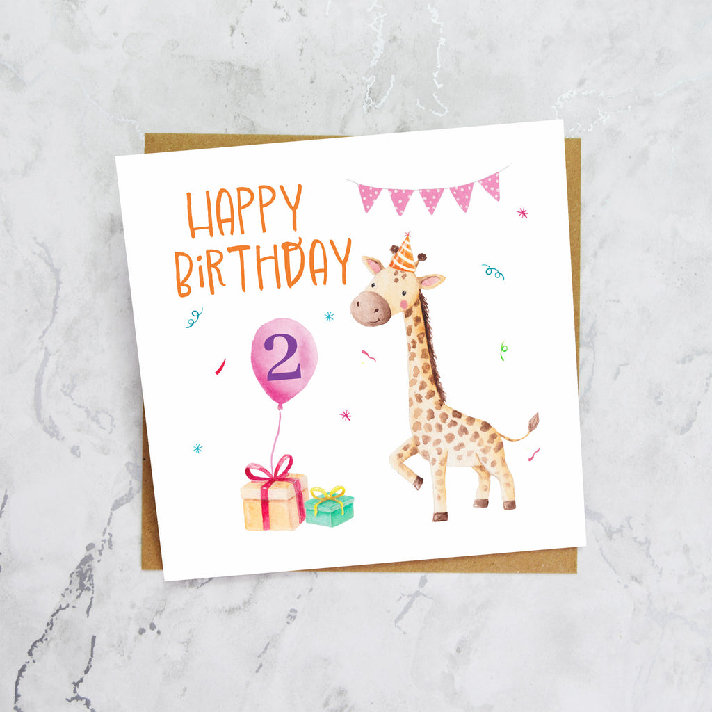 2nd Birthday Giraffe Card for Girls, Cute Animal Second Birthday Card, Watercolour Toddler Happy Birthday Card (S00050) - Blank Inside - Sent To You (S00050)