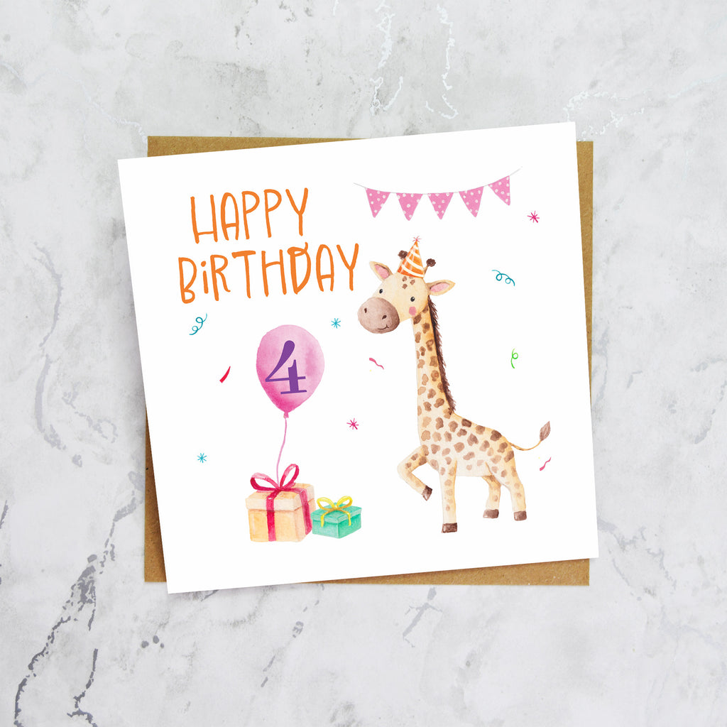 4th Birthday Giraffe Card for Girls, Cute Animal Fourth Birthday Card, Watercolour Toddler Happy Birthday Card (S00052) - Blank Inside - Sent To You (S00052)