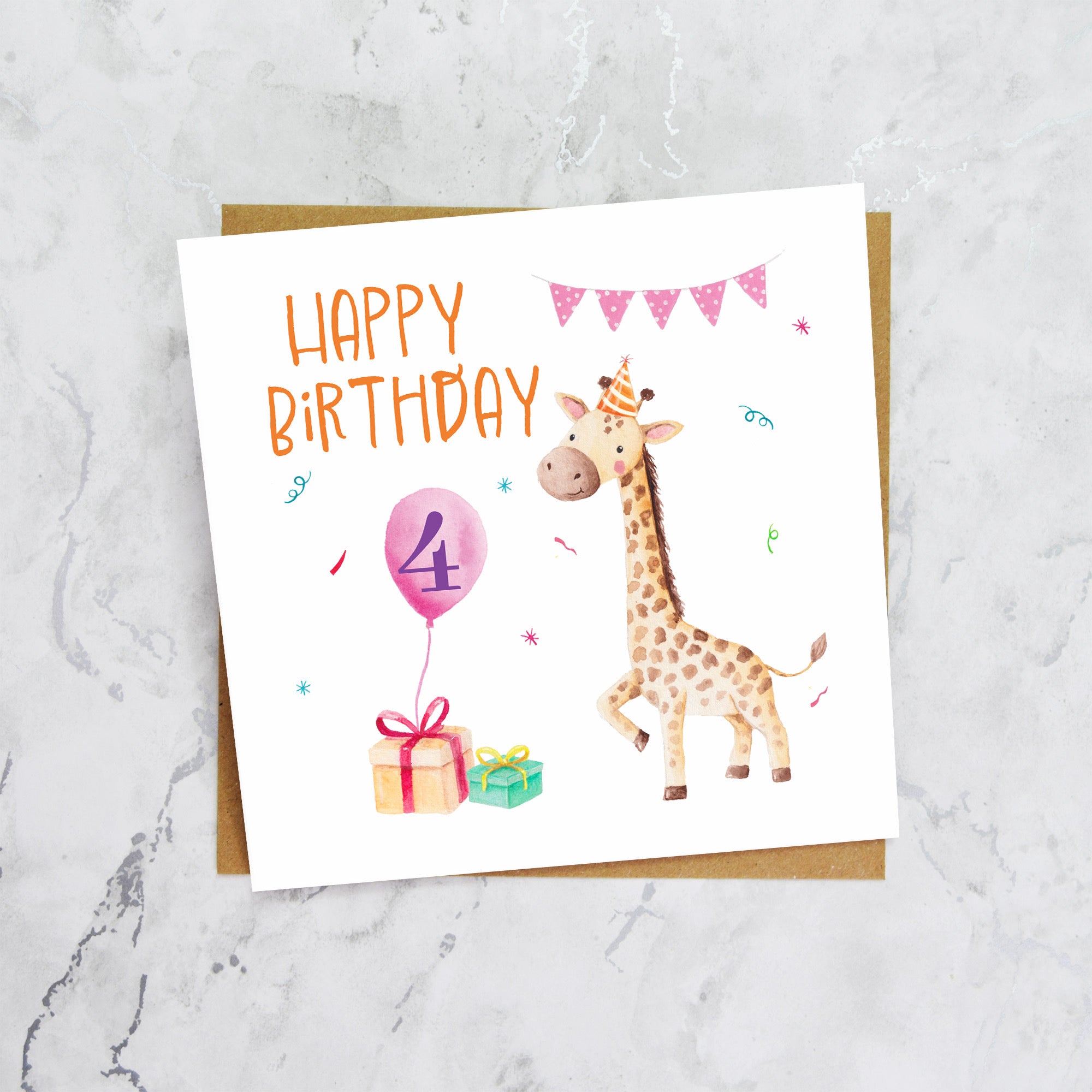 4th Birthday Giraffe Card for Girls, Cute Animal Fourth Birthday Card, Watercolour Toddler Happy Birthday Card (S00052) - Blank Inside - Sent To You (S00052)