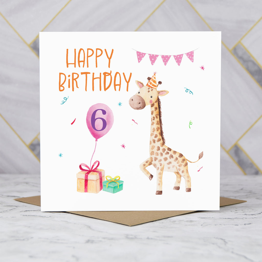 6th Birthday Giraffe Card for Girls, Cute Animal Sixth Birthday Card, Watercolour Kids Happy Birthday Card (S00054) - Blank Inside - Sent To You (S00054)