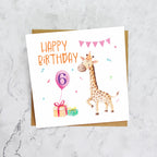 6th Birthday Giraffe Card for Girls, Cute Animal Sixth Birthday Card, Watercolour Kids Happy Birthday Card (S00054) - Blank Inside - Sent To You (S00054)
