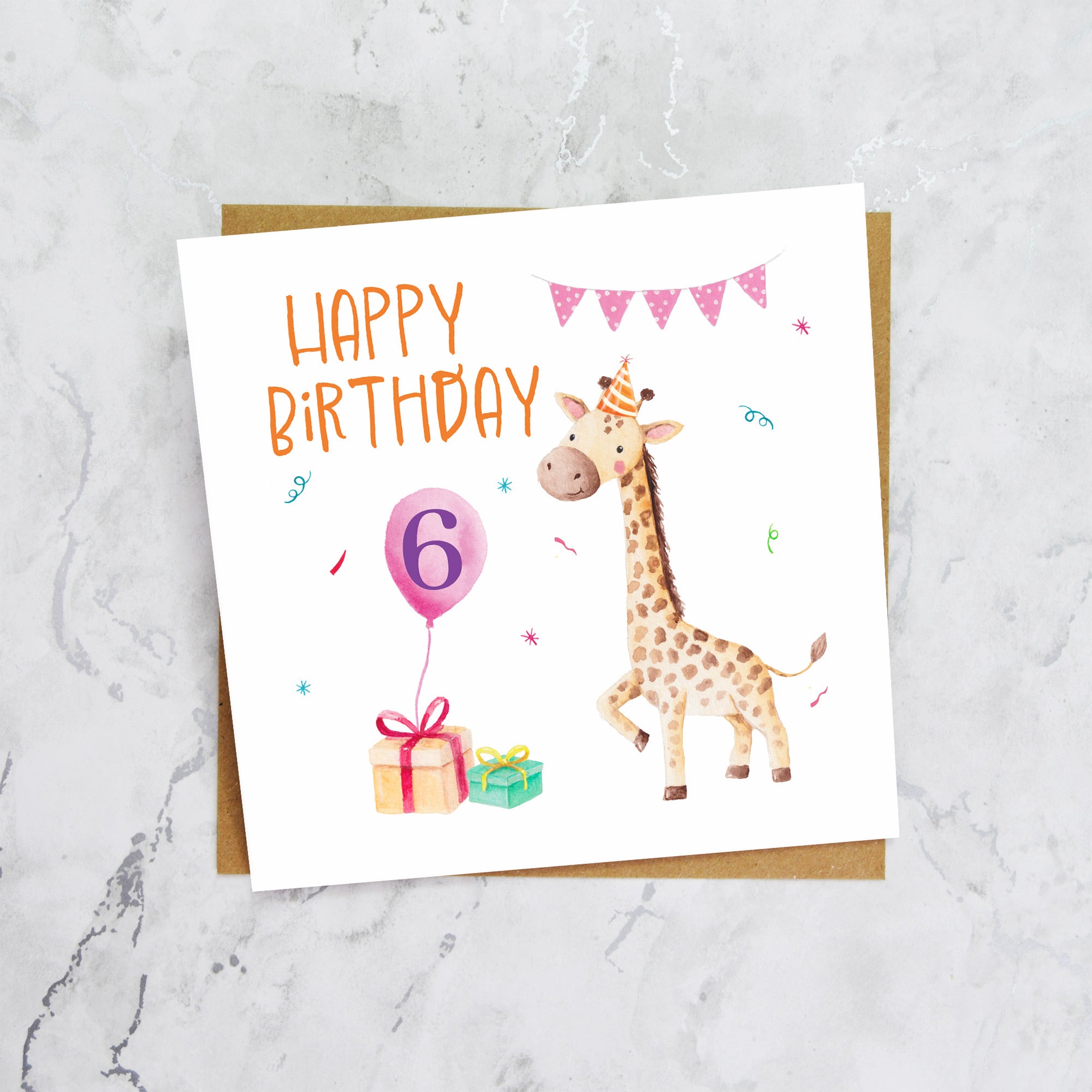6th Birthday Giraffe Card for Girls, Cute Animal Sixth Birthday Card, Watercolour Kids Happy Birthday Card (S00054) - Blank Inside - Sent To You (S00054)