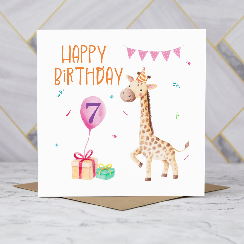 7th Birthday Giraffe Card for Girls, Cute Animal Seventh Birthday Card, Watercolour Kids Happy Birthday Card (S00055) - Blank Inside - Sent To You (S00055)
