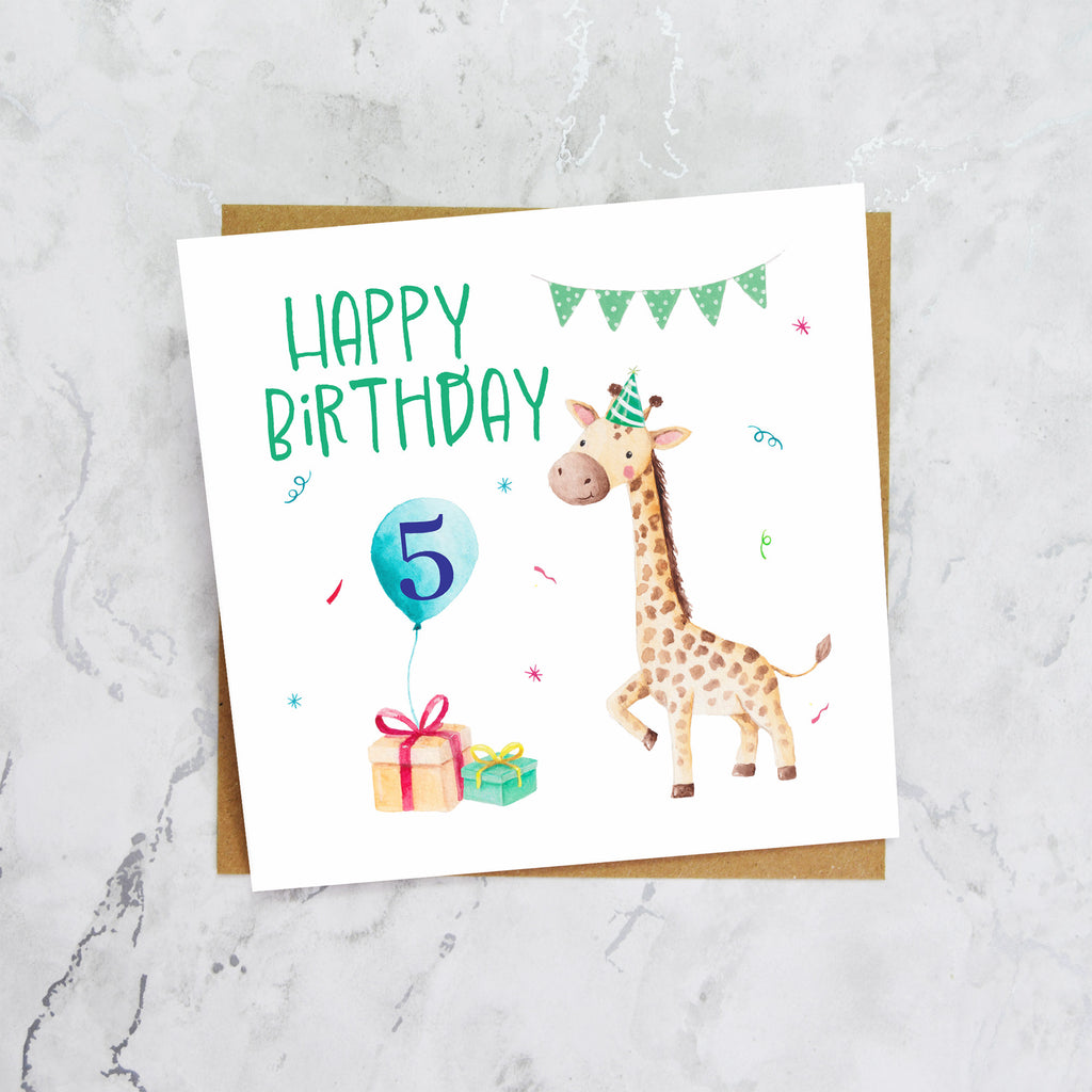 5th Birthday Giraffe Card for Boys, Cute Animal Fifth Birthday Card, Watercolour Kids Happy Birthday Card (S00060) - Blank Inside - Sent To You (S00060)